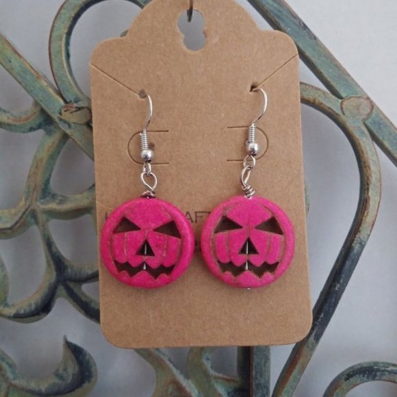 PINKISH RED JACK O LATERN EARRINGS- NEW -HALLOWEEN - Picture 1 of 1